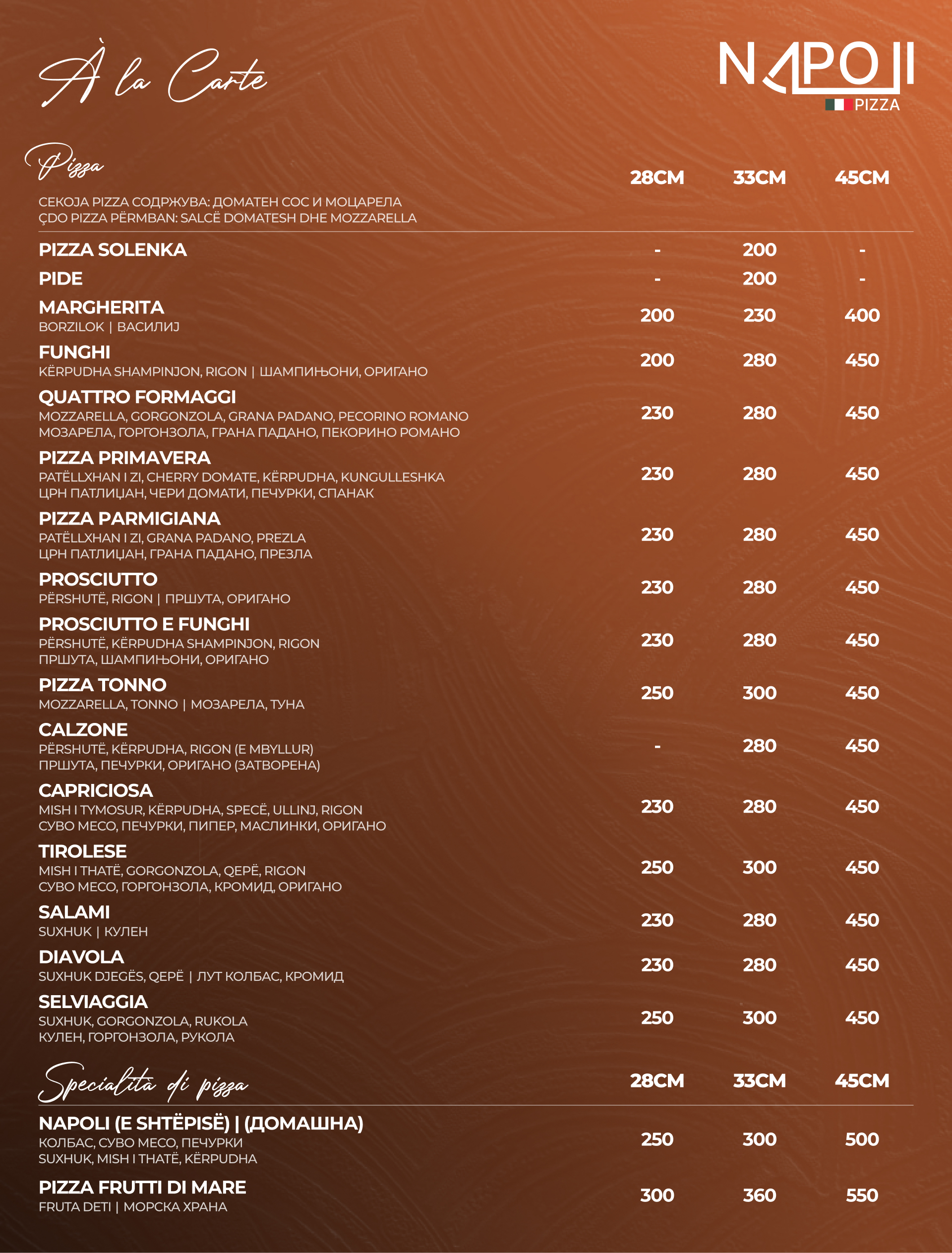 Napoli Pizza Menu